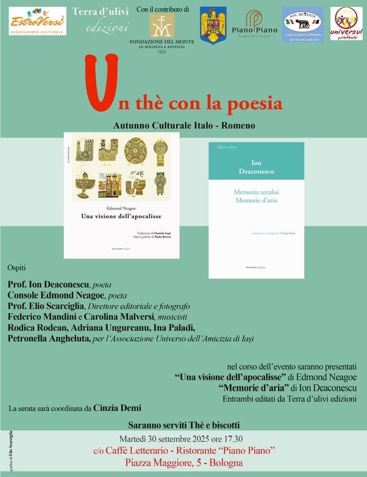 Locandina Incontro Italia-Romania a Bologna con opere di Ion Deaconescu e Edmond Neagoe