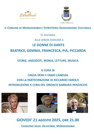 Locandina evento Le Donne di Dante a Monghidoro con Cinzia Demi e Fabio Canessa. Letture su Beatrice, Gemma, Francesca, Pia e Piccarda.